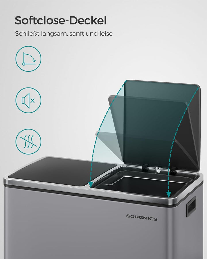 SONGMICS Mülleimer, 2 x 30 Liter, 2 Fächer, Mülltrennsystem, Treteimer, Abfalleimer Küche, 15 Müllsä