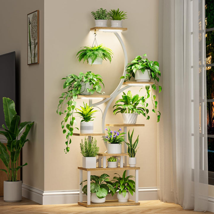 BACEKOLL Pflanzenständer mit Wachstumslicht - 8 Ebenen Blumenständer 157cm Metall Holz Pflanzenregal