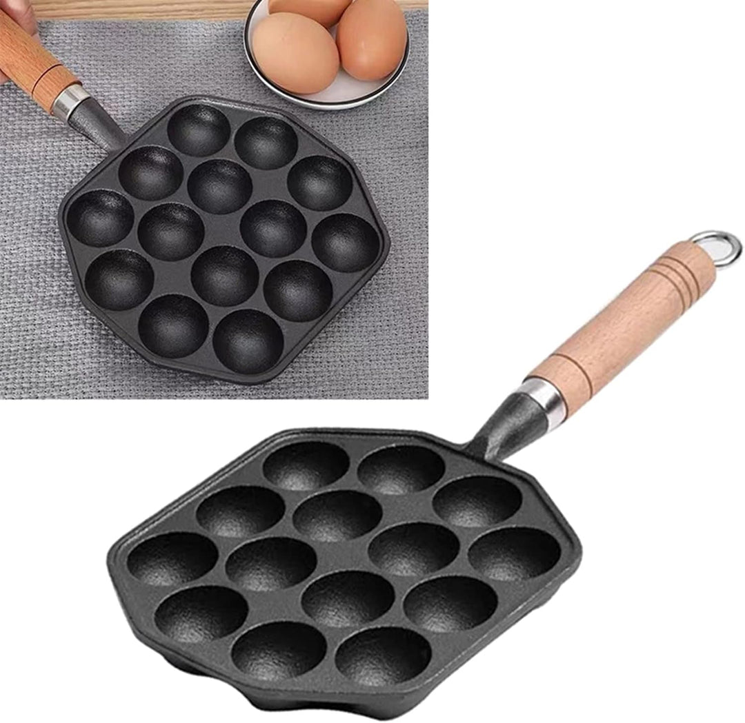 Takoyaki-Pfanne, Japanische Grillpfanne aus Antihaftbeschichtetem Gusseisen mit 14 Löchern und Abneh