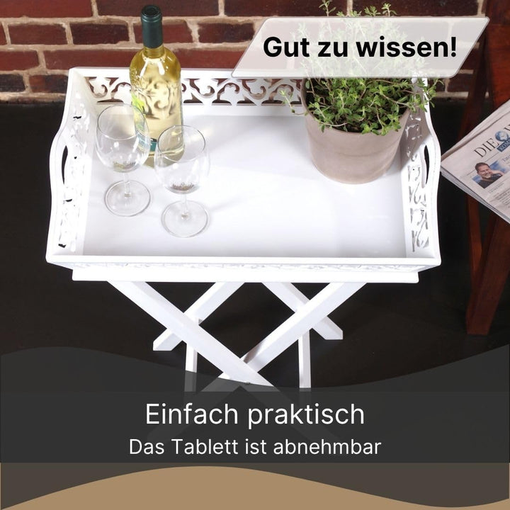DESIGN DELIGHTS Verspieltes HOLZTABLETT Landhaus | 63 cm, 2-teilig, Weiss | Serviertisch, Tabletttis