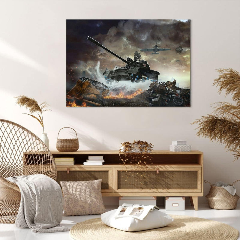 Bilder auf Leinwand 100x70cm Leinwandbild Krieg Panzer Airplain Schlacht Gross Wanddeko Bild Schlafz