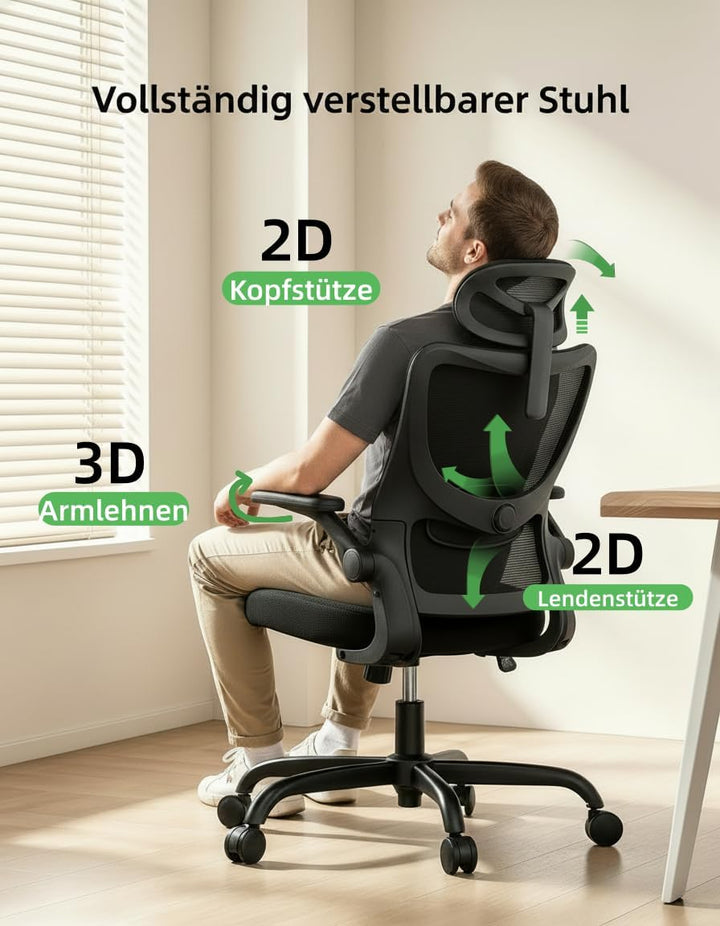 Marsail Bürostuhl Ergonomisch Schreibtischstuhl hat Verstellbarer Lordosenstütze Kopfstütze und Arml