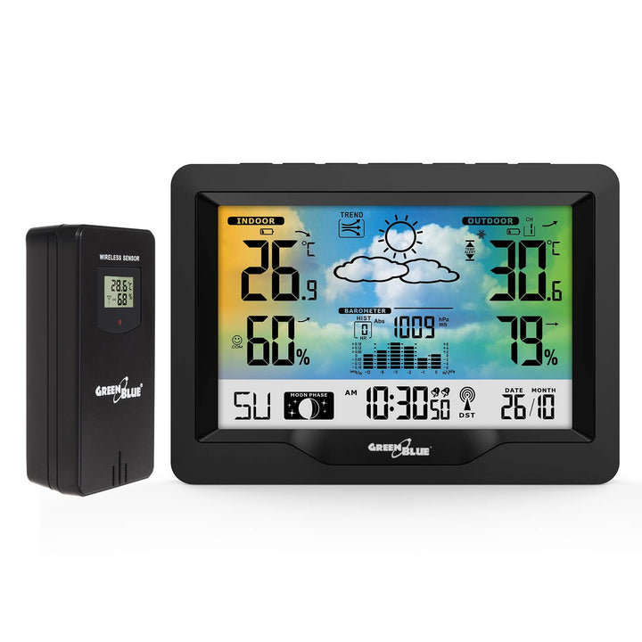 Green Blue GB540 Wetterstation mit Farbdisplay DCF Funkuhr | Innen- und Aussentemperatur, Wettervorh