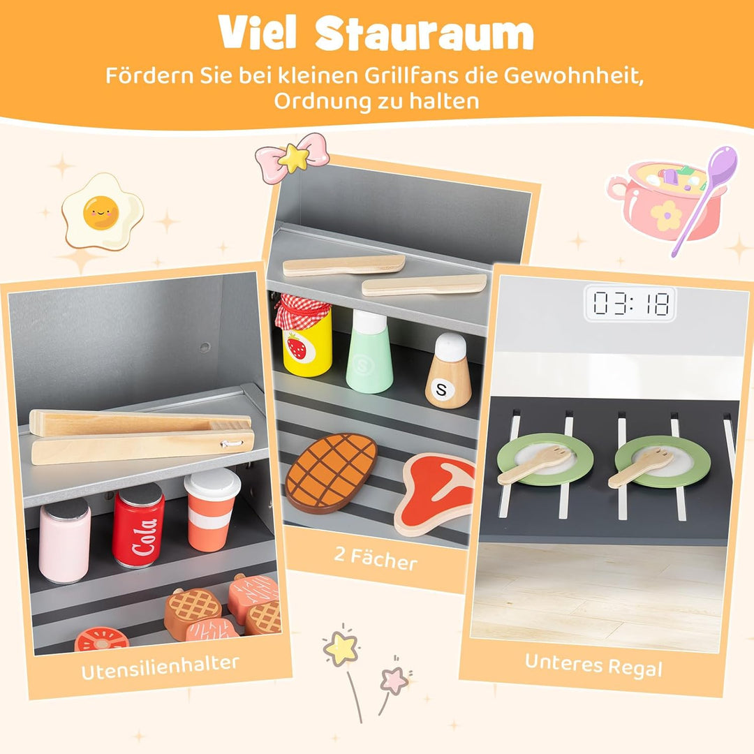 COSTWAY Barbecue Kindergrill, Grillspielzeug mit Grillbesteck & Spiel-Lebensmitteln, Matschküchemit