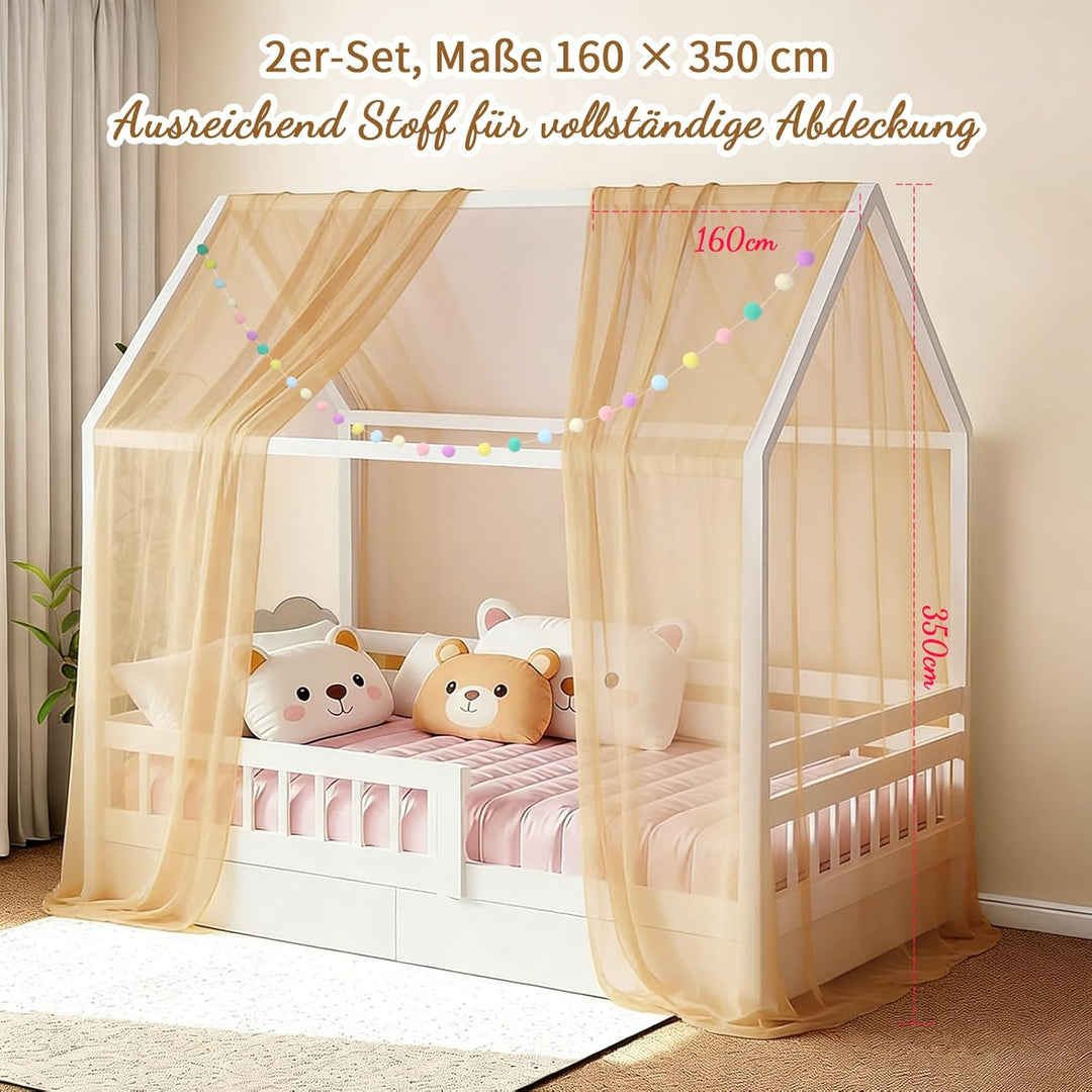 DOINEUFL 2 Stück Hausbett Himmel für Kinderbett, 160x350cm mit Farbiger Pompon-Girlande & Befestigun