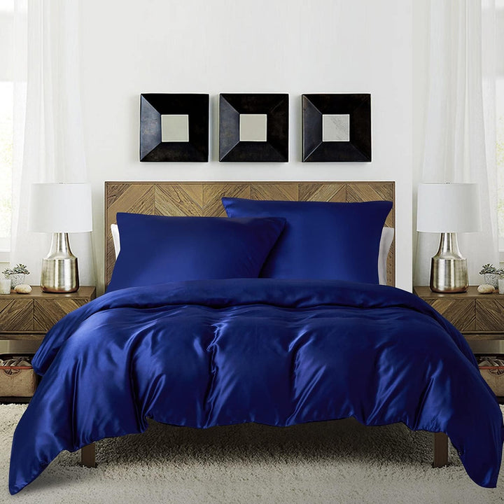 Gezu Bettwäsche-Set, 140 x 200 cm, Satin, Blau, einfarbig, für Einzelbett, Seide, glänzend, weich, m