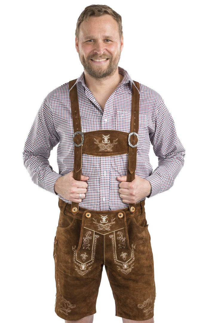 Herren Lederhose kurz - Alpenjäger Trachtenlederhose inkl. Hosenträger – Trachtenhose aus Echt-Leder