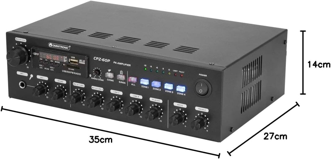 OMNITRONIC CPZ-60P ELA-Mischverstärker | 4-Zonen-ELA-Mono-Mischverstärker mit MP3-Player, Bluetooth,