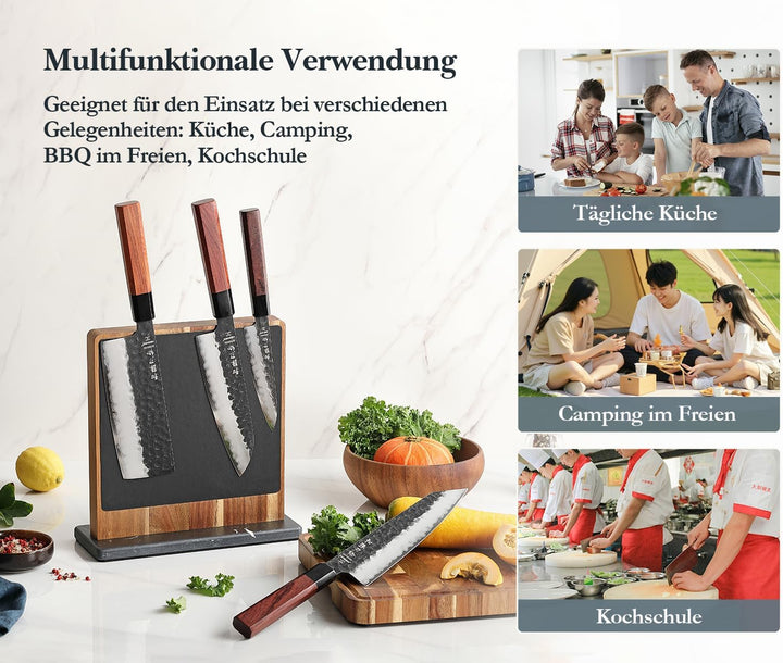 HEZHEN Magnetischer Messerblock aus Akazienholz - Doppelseitiger Magnetischer Messerhalter mit Leder