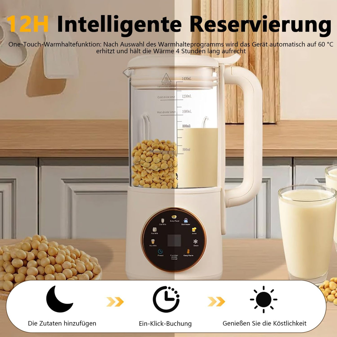 Nussmilchmaschine 1400ml, Automatische Mandelmilchmaschine mit 16 Klingen, Pflanzenmilchbereiter Soj