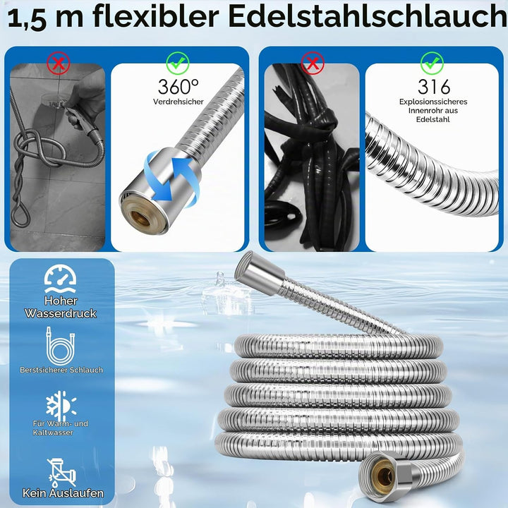 HNOOM Duschkopf Set mit 1,5m Schlauch &amp; Halterung – XXL Hochdruck Regenduschkopf (120mm), 8 Strahlar