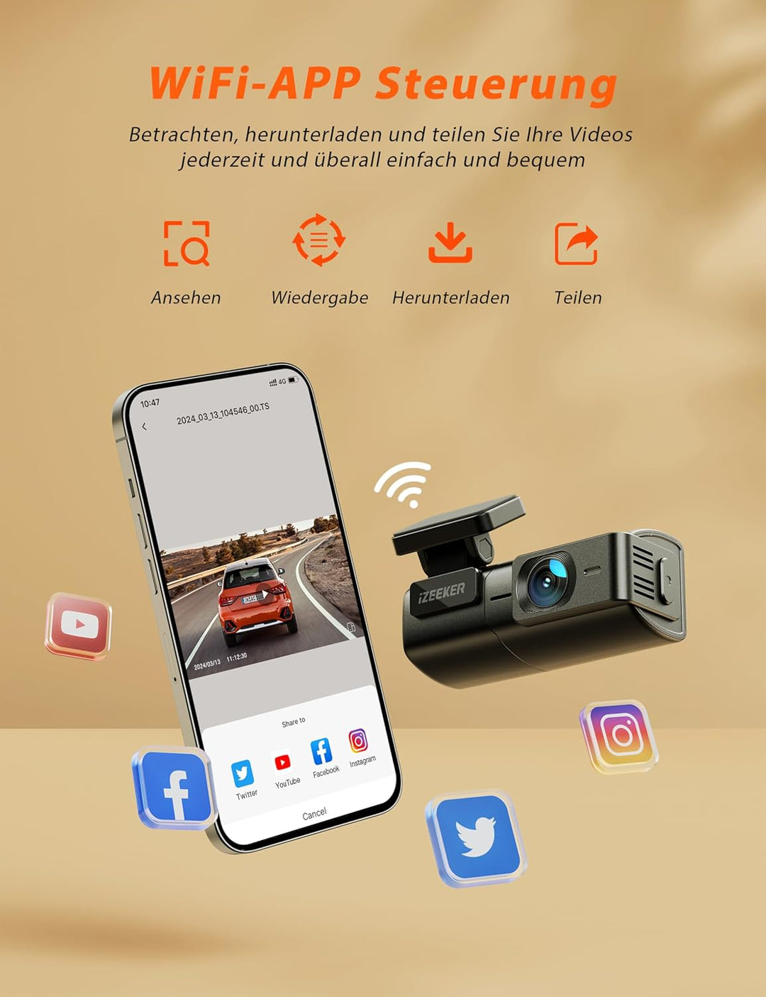 iZEEKER 2,5K Dashcam WiFi Dashkamera für Autos, Mini Auto Kamera 1440P Front Dashcam mit App-Unterst