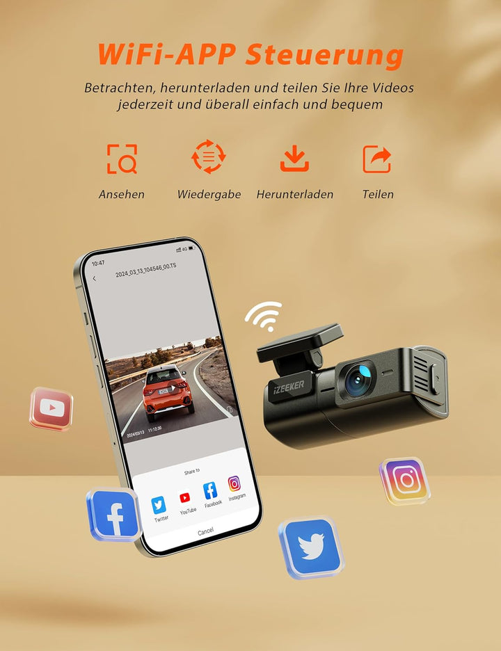 iZEEKER 2,5K Dashcam WiFi Dashkamera für Autos, Mini Auto Kamera 1440P Front Dashcam mit App-Unterst
