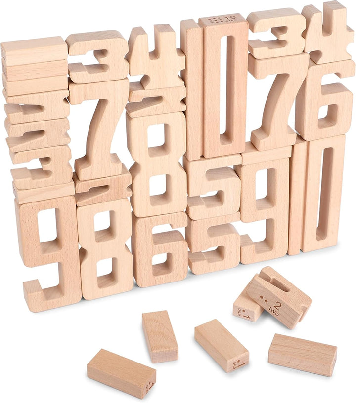 Holz Zahlbausteine, Grosse Ziffernblöcke 1-10, 32 Stück Mathebausteine Zahlenspiele für Kinder, Bild