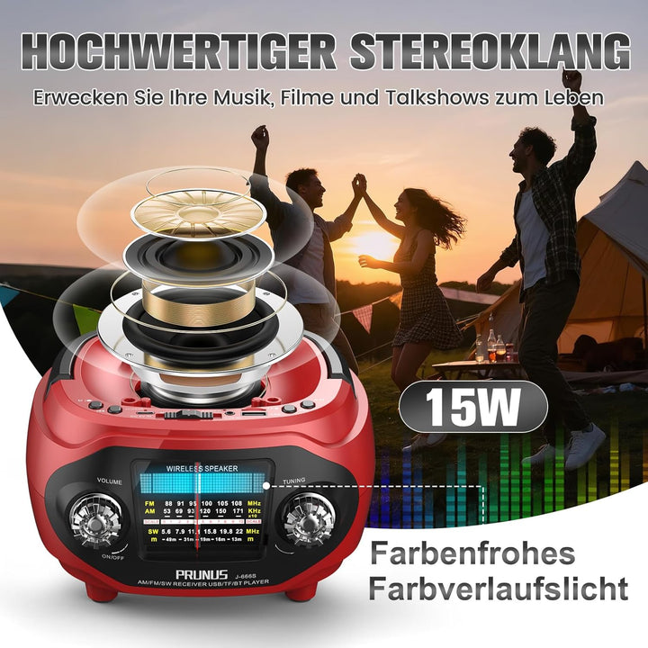 PRUNUS J-666 FM/AM/SW Retro Radio mit Bluetooth, Tragbares Radio mit 1800mAh Akku, Solar/USB-C Aufla