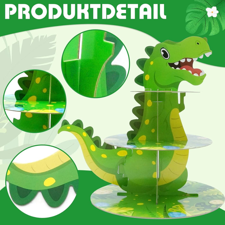 Dinosaurier-Cupcake-Ständer, Dreistöckiges Cartoon-Design, Ideal für Geburtstagsfeiern, Taufen und A