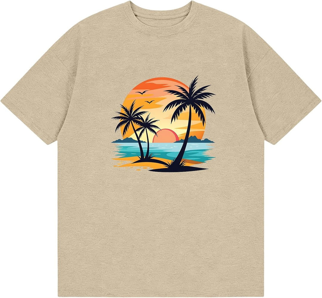 Herren Kurzarm-T-Shirt mit Rundhalsausschnitt, lässiges -Strand- und Baummotiv Ärmellose Shirts Herr