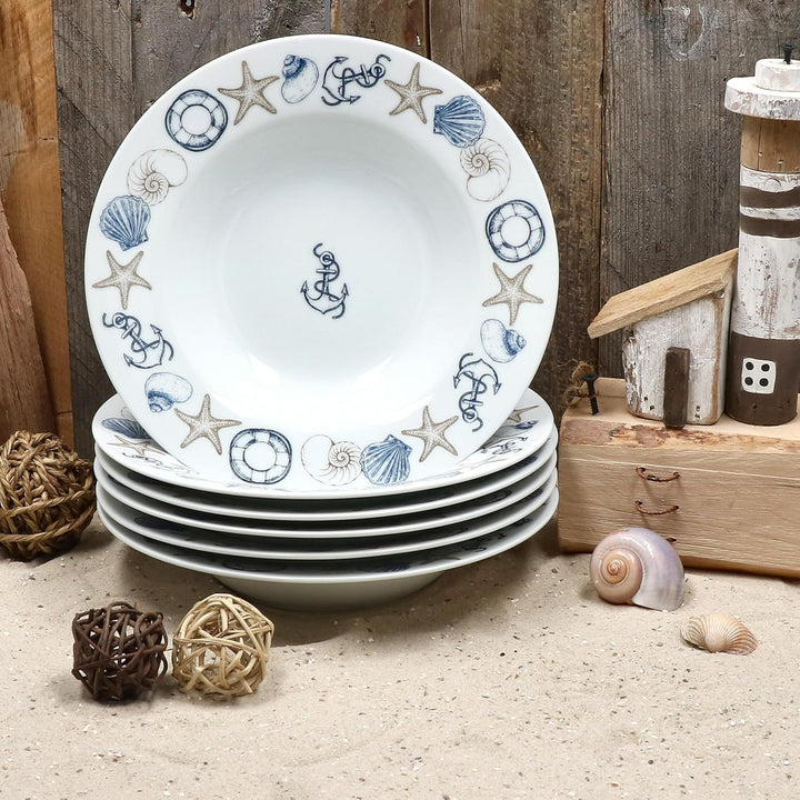 MamboCat Neptun 6er Set Suppenteller I 180ml I Porzellan-Teller mit maritimen Motiven Anker, Muschel