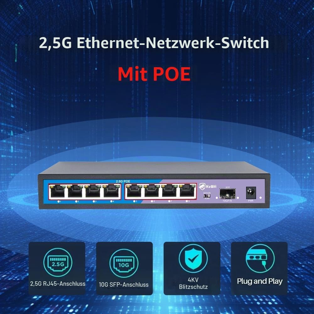 KuWFi PoE Switch, 8× 2.5-Gigabit Ports Ethernet LAN Switch (Plug-and-Play Unmanaged Switch, LAN Spli