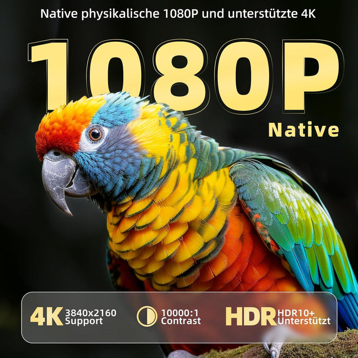 Beamer Full HD 1080P Mini Beamer 4K, Auto Trapezkorrektur, Mini Projector 180°Dreh Videoprojektor Un