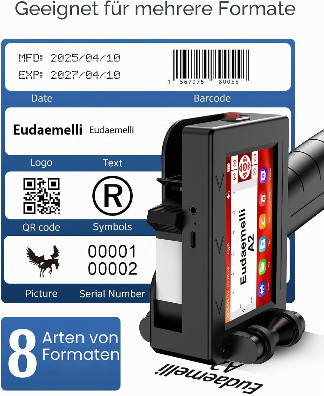 25.4mm Tragbarer Handdrucker, A2 Tragbarer Tintenstrahldrucker mit 42 ml schnelltrocknender Tinte, H