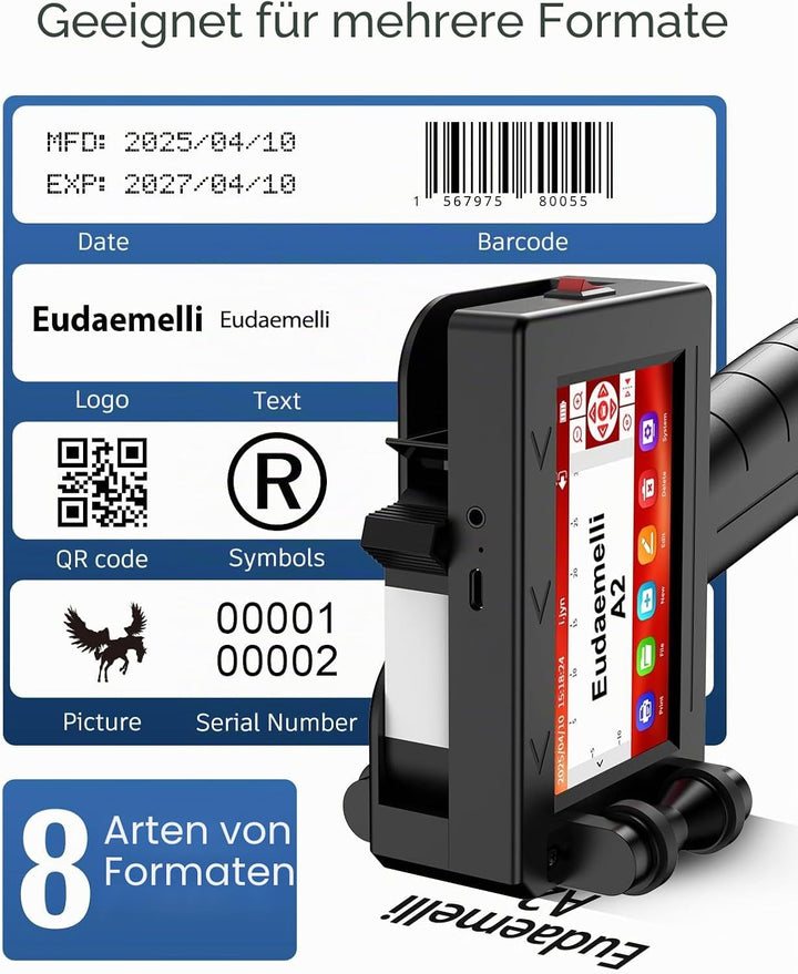 25.4mm Tragbarer Handdrucker, A2 Tragbarer Tintenstrahldrucker mit 42 ml schnelltrocknender Tinte, H