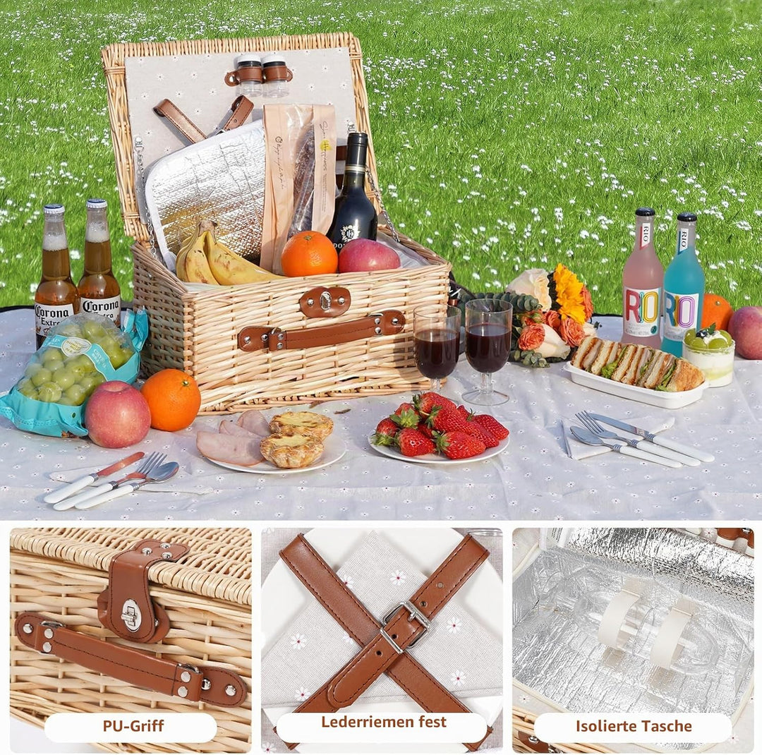 Picknickkorb für 2 Personen, Picknickkorb-Set mit Kühlfach und wasserdichte Picknickdecke, Besteck S