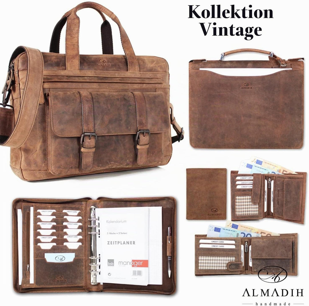 ALMADIH Leder Schreibmappe A5 Premium Rindsleder BV Ledermappe Mappe Organizer Aktenmappe Konferenzm