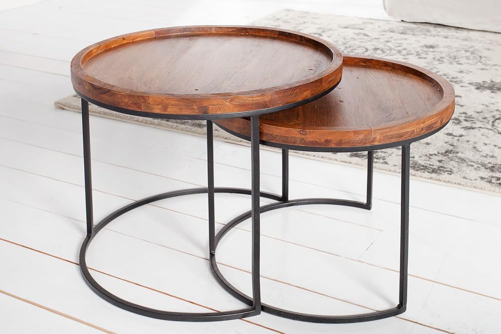 Invicta Interior Moderne Beistelltische Elements 2er-Set original massives Akazien Holz Stone Finish