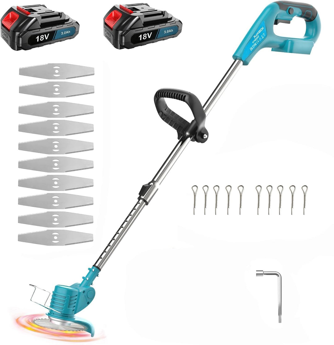 18V Akku Rasentrimmer, mit 2 x 3.0AH Akku und Ladegerät, 10x Metallklinge, 2X Kreissägeblätter,90° d