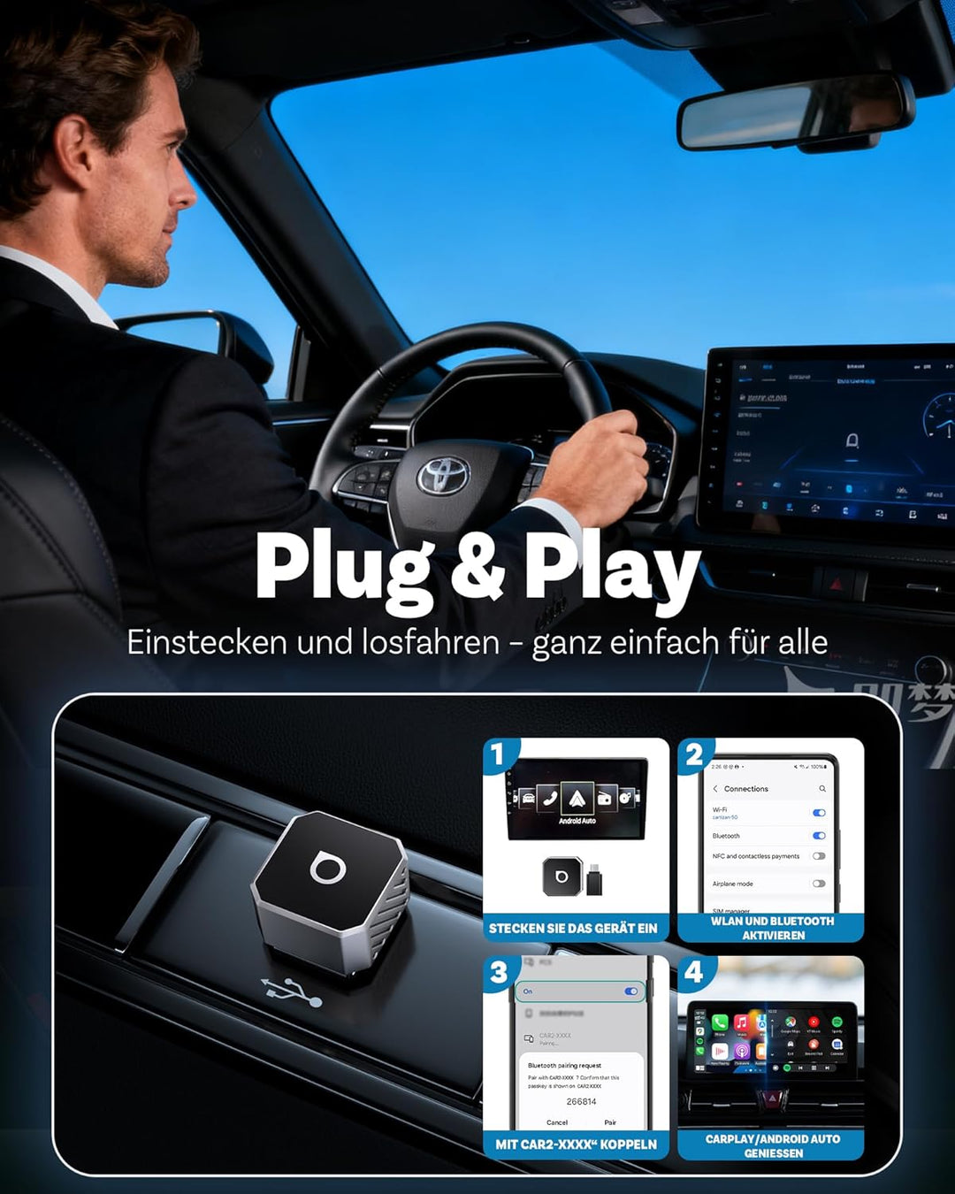 OTTOCAST Mini Pot, 2026 Upgrade Wireless CarPlay & Android Auto Adapter, Plug & Play, WLAN 2.4G+5G,