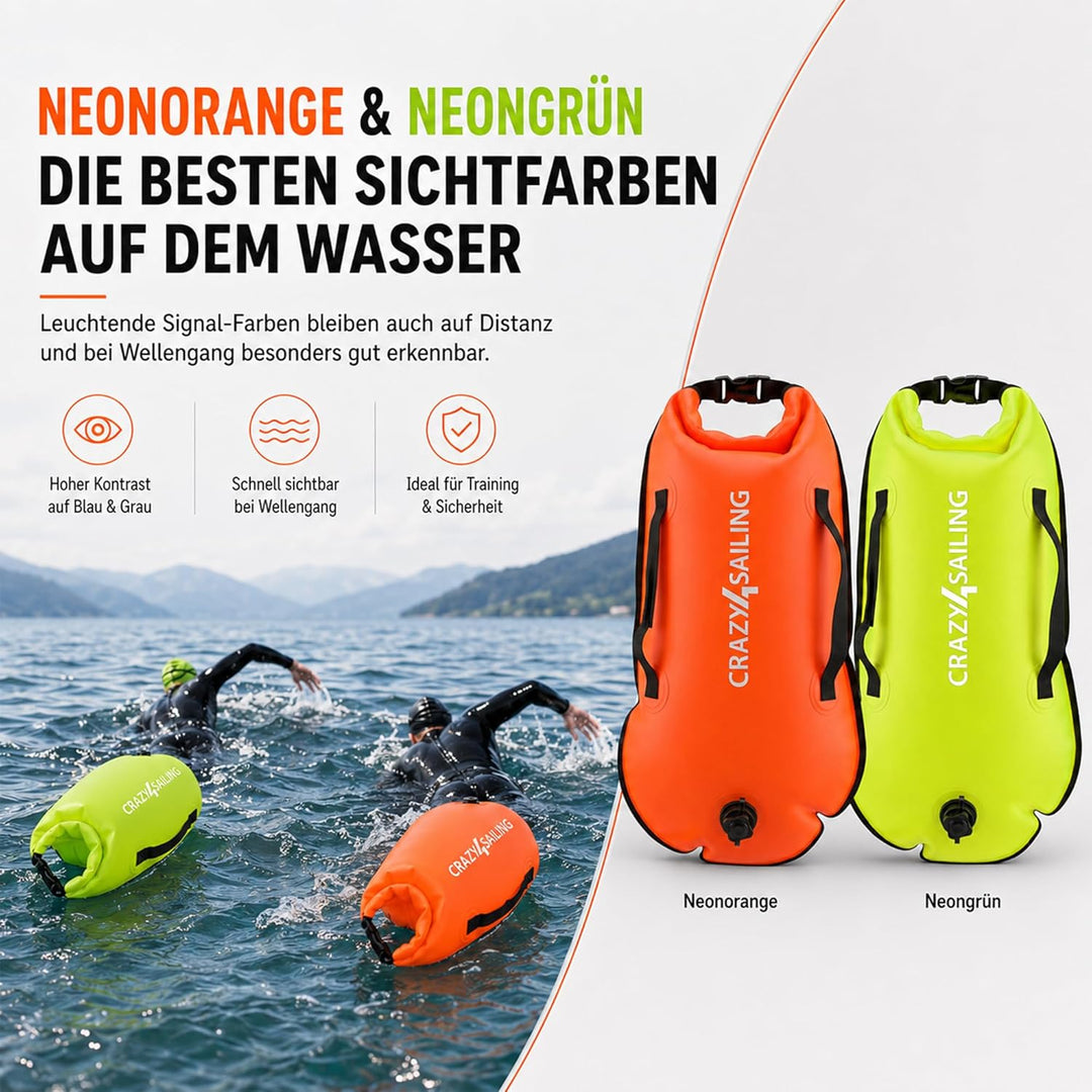 crazy4sailing Schwimmboje Dry Bag, wasserdichter Trockensack & aufblasbare Schwimmhilfe, 36 x 72 cm,