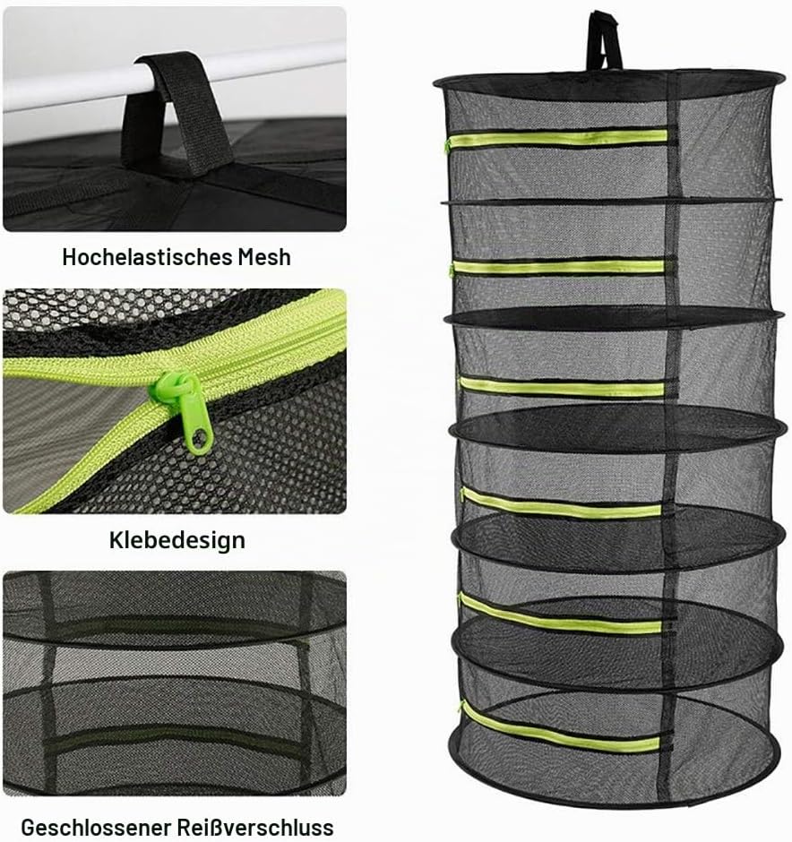 Bysameyee 6-lagiger Kräutertrockner, 2ft Plant Hanging Mesh Trockennetz mit grünen Reissverschlüssen