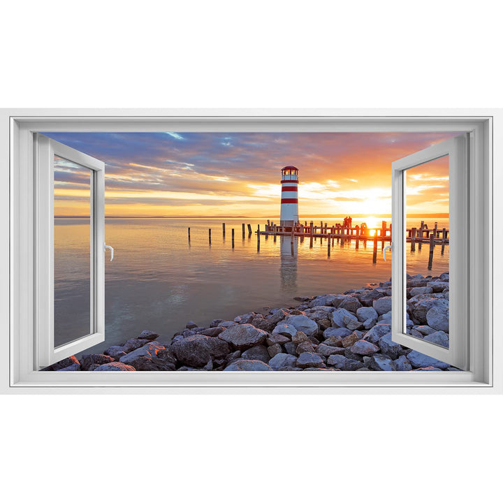 islandburner Bild auf Leinwand Fensterblick Sonnenuntergang am Ozean mit Leuchtturm Sagenhafter Effe