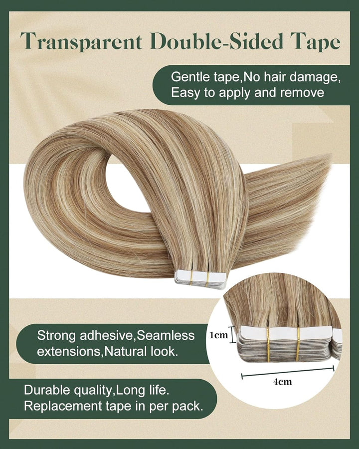 Ugeat Extensions Tape in Echthaar Highlight Tape in Extensions Echthaar Braun mit Bleichblond Extens