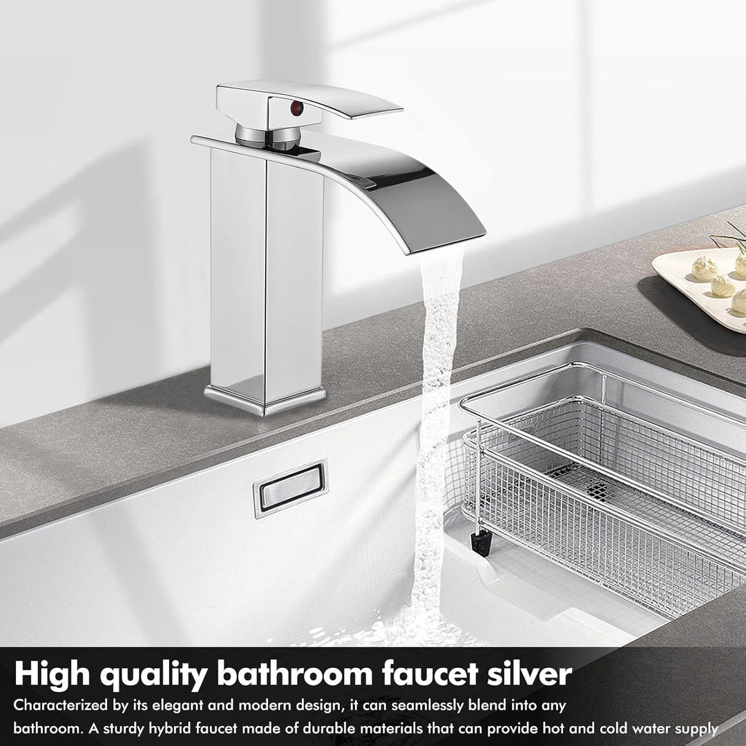 Touch-On Wasserhahn Bad Silber - Wasserfall Waschtischarmatur mit Einhebelmischer | 60cm Edelstahlsc