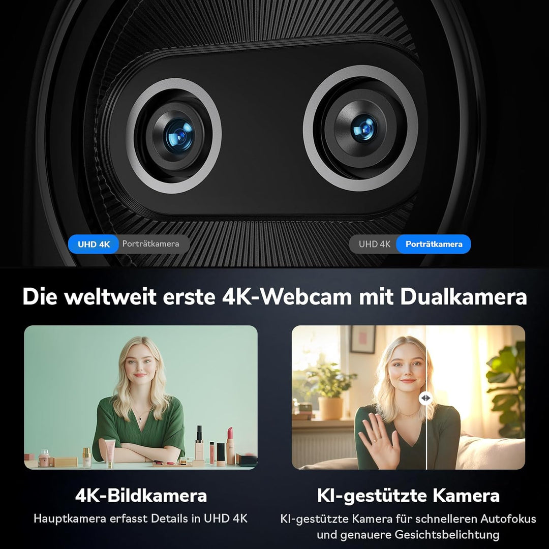EMEET 4K Webcam Piko, Weltweit Erste KI-gestützte 4K-Webcam mit Dual-Kamera und KI-Autofokus, 3 Mikr