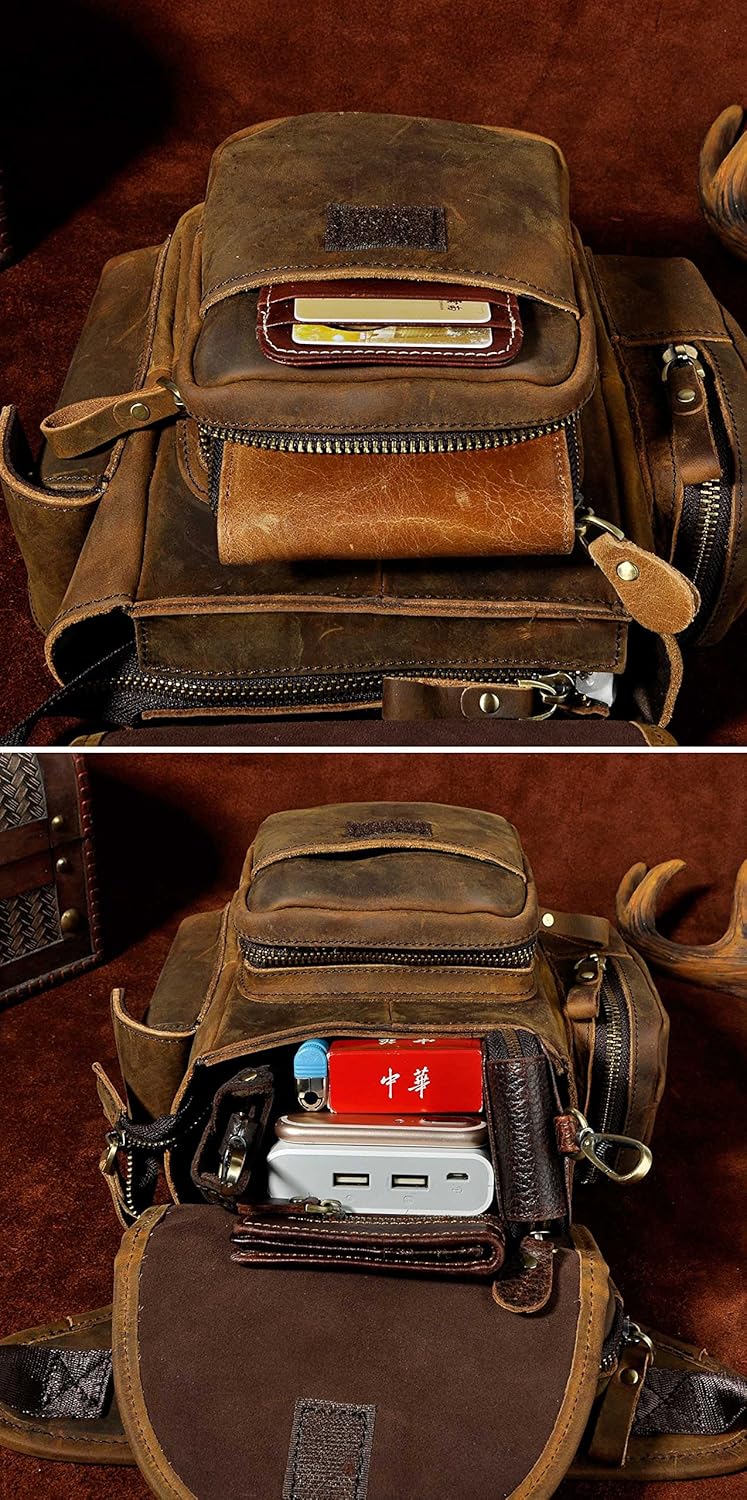 Le'aokuu Herren Echtes Leder Tasche Schultertasche Gürteltasche Beinbeutel Beintasche Hüfttasche Dro