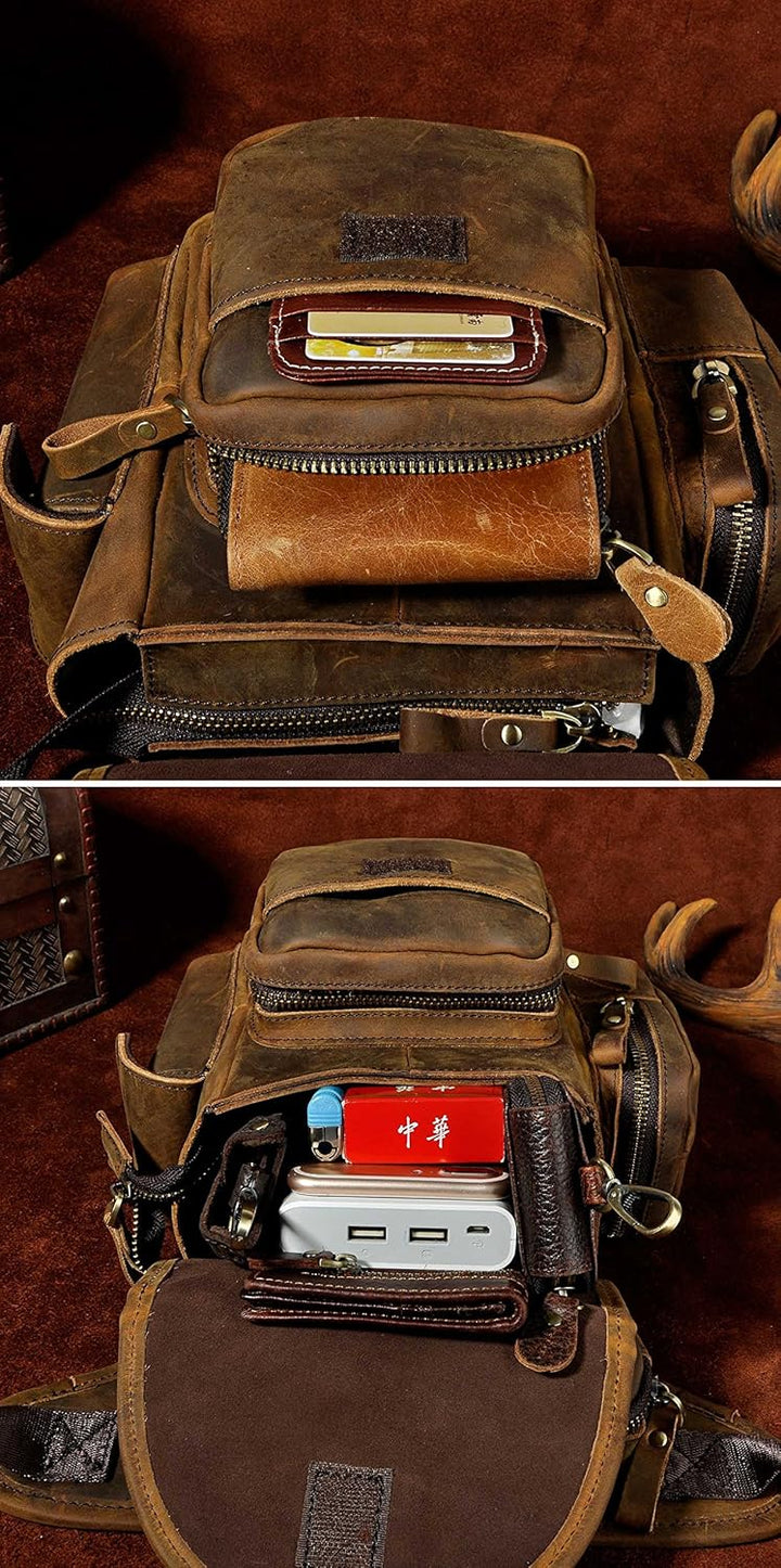 Le'aokuu Herren Echtes Leder Tasche Schultertasche Gürteltasche Beinbeutel Beintasche Hüfttasche Dro