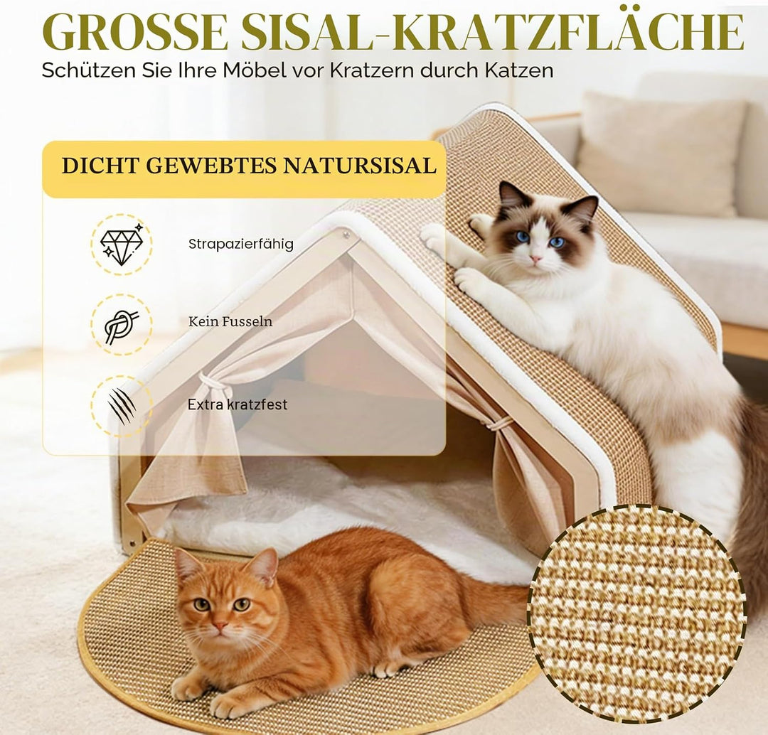 2-in-1 Katzenhaus Mit Kratzbrett Aus Holz, Katzenzelt Indoor Mit Sisal Kratzfläche Und Weichem Plüsc