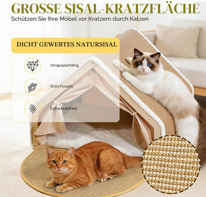 2-in-1 Katzenhaus Mit Kratzbrett Aus Holz, Katzenzelt Indoor Mit Sisal Kratzfläche Und Weichem Plüsc