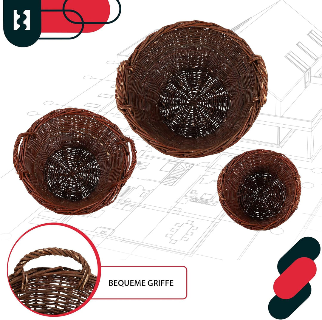 KOTARBAU® 3er Set Weidenkorb mit Griffen - ø 30 cm/ø 40 cm/ø 50 cm - Blumen Korb - Aufbewahrung von