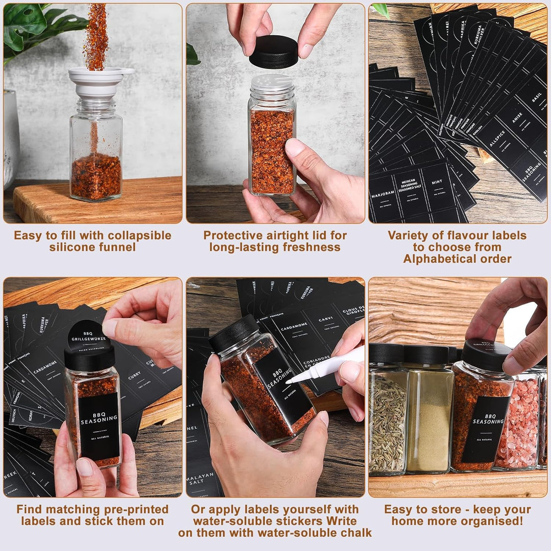 Gewürzgläser Eckig Set [24x 120ml] mit Schwarzer Deckel, 243 Wasserfeste Label, Gewürzdosen Gewürzst