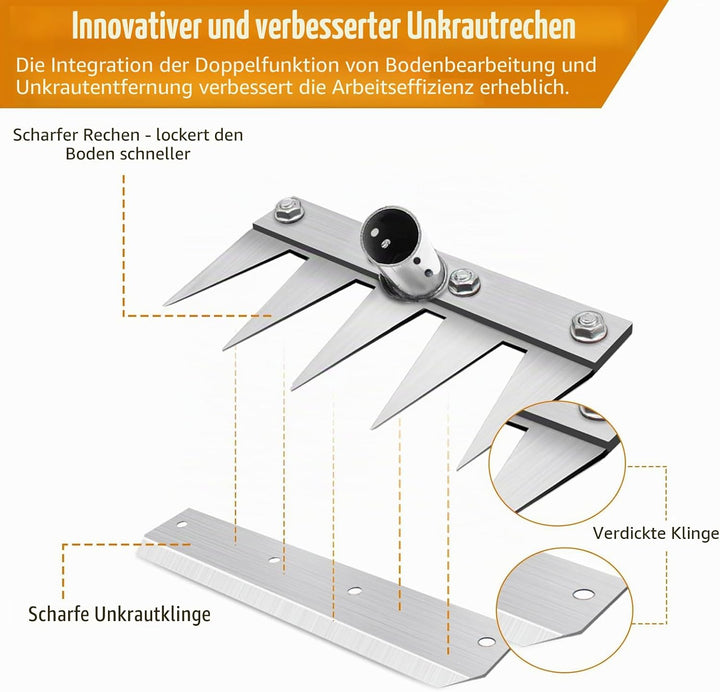 Gartenrechen mit 1,2m Metallgriff, Garden Harke Mehrzweck Garten Unkraut Werkzeug, Unkrauthacke, Tra