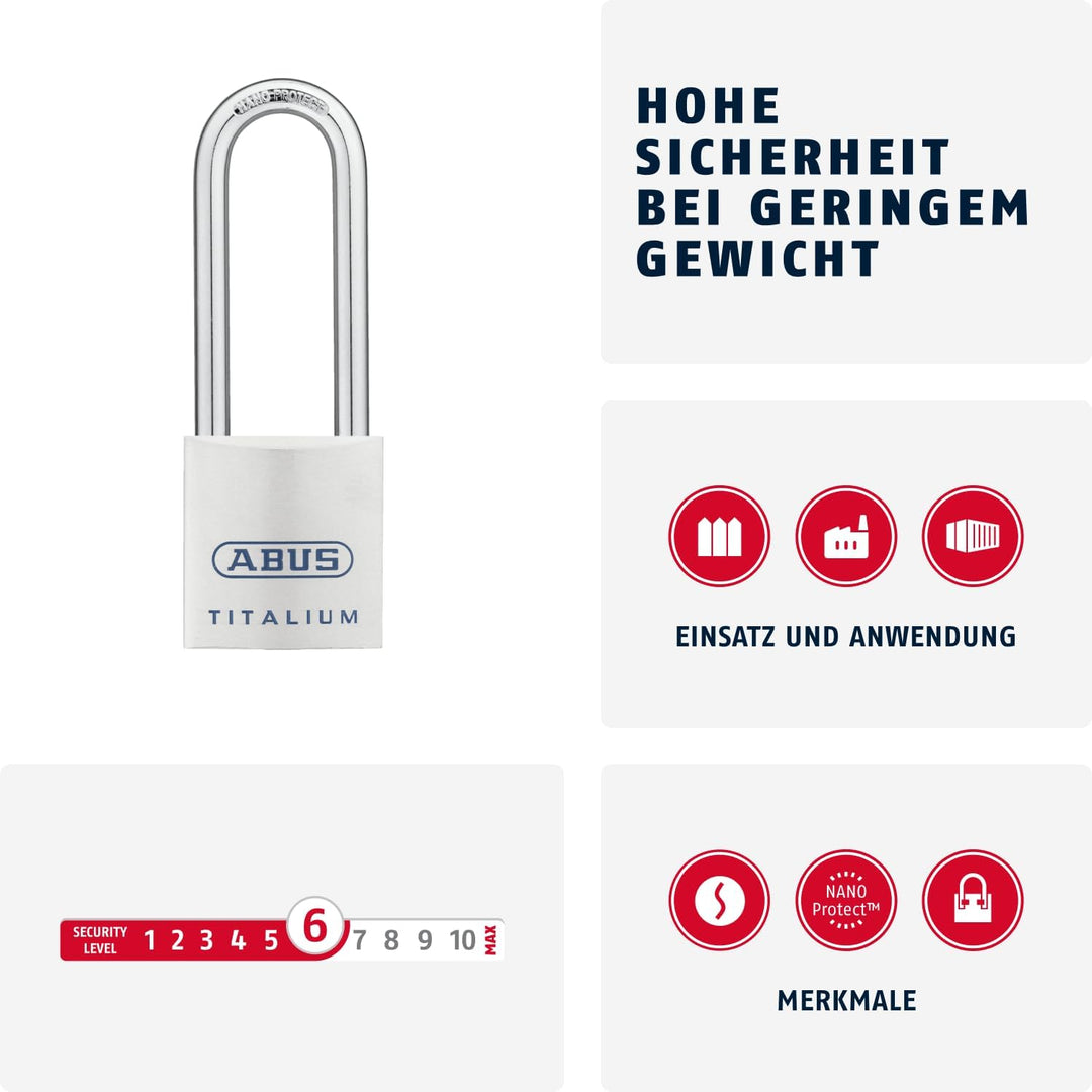 ABUS Titalium Vorhängeschloss 80TI/40HB63 - mit hohem Bügel - Kellerschloss mit leichtem, massiven S