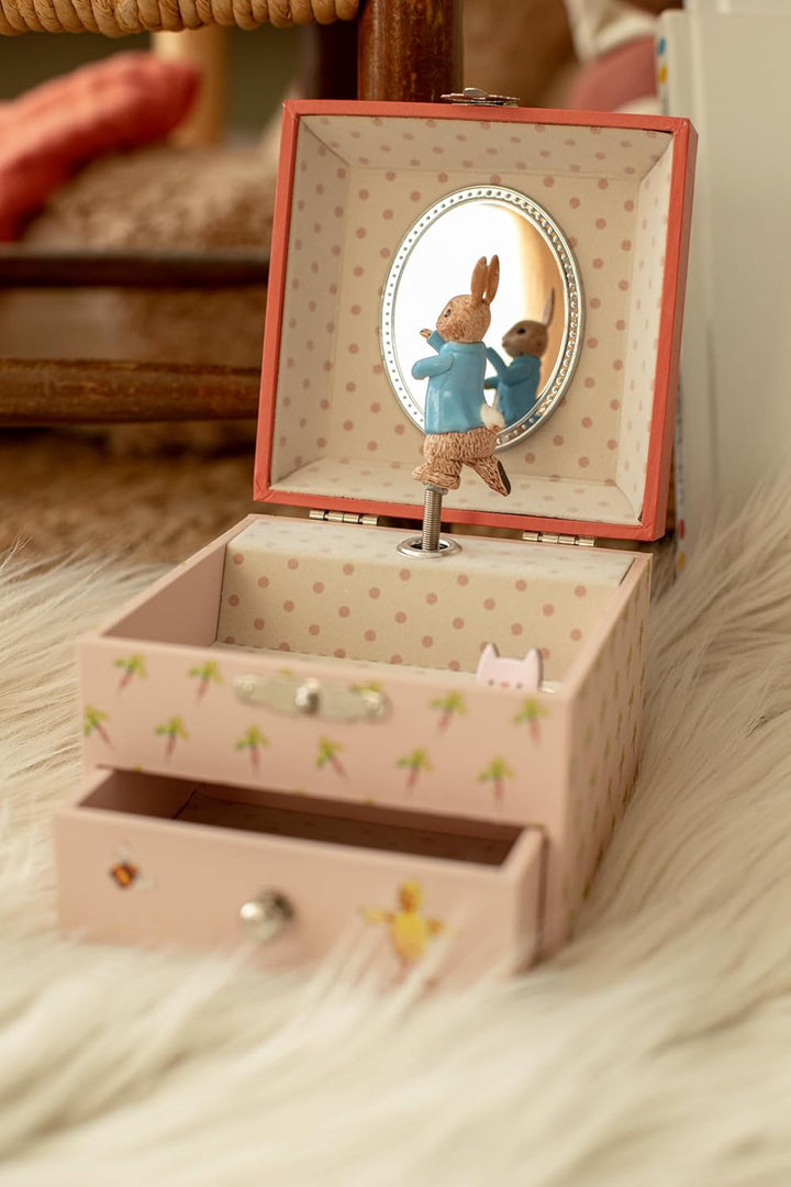 Trousselier 6260367 Musikspieldose für Kinder, Peter Hase, Schmuckschatulle mit ausziehbarer Schubla