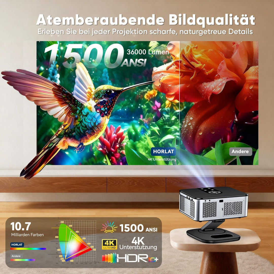 Beamer【1500 ANSI & Google TV】 HORLAT Beamer 4K Heimkino, Full HD 1080P WiFi6 Bluetooth, Autofokus/Tr