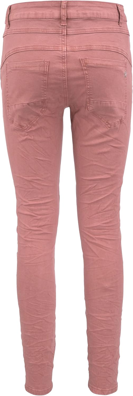 Jewelly Damen Stretch Boyfriend Jeans - Patches Aufnäher - Five-Pocket im Crash-Look, Beere