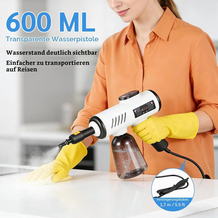 1500W Handdampfreiniger, 15 Sekunden Aufheizzeit, 3 Geschwindigkeitsstufen, 600ml Wassertank Steam C