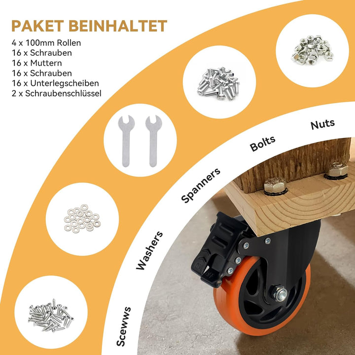 BAOLIHUI 100mm Orange Schwerlastrollen - 4er Set Lenkrollen mit Bremsen bis 600KG inkl. Montagezubeh